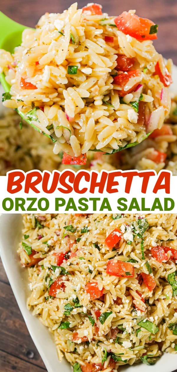 Bruschetta Orzo Pasta Salad is a tasty side dish recipe loaded with fresh diced tomatoes, red onions, fresh basil, garlic and feta cheese.