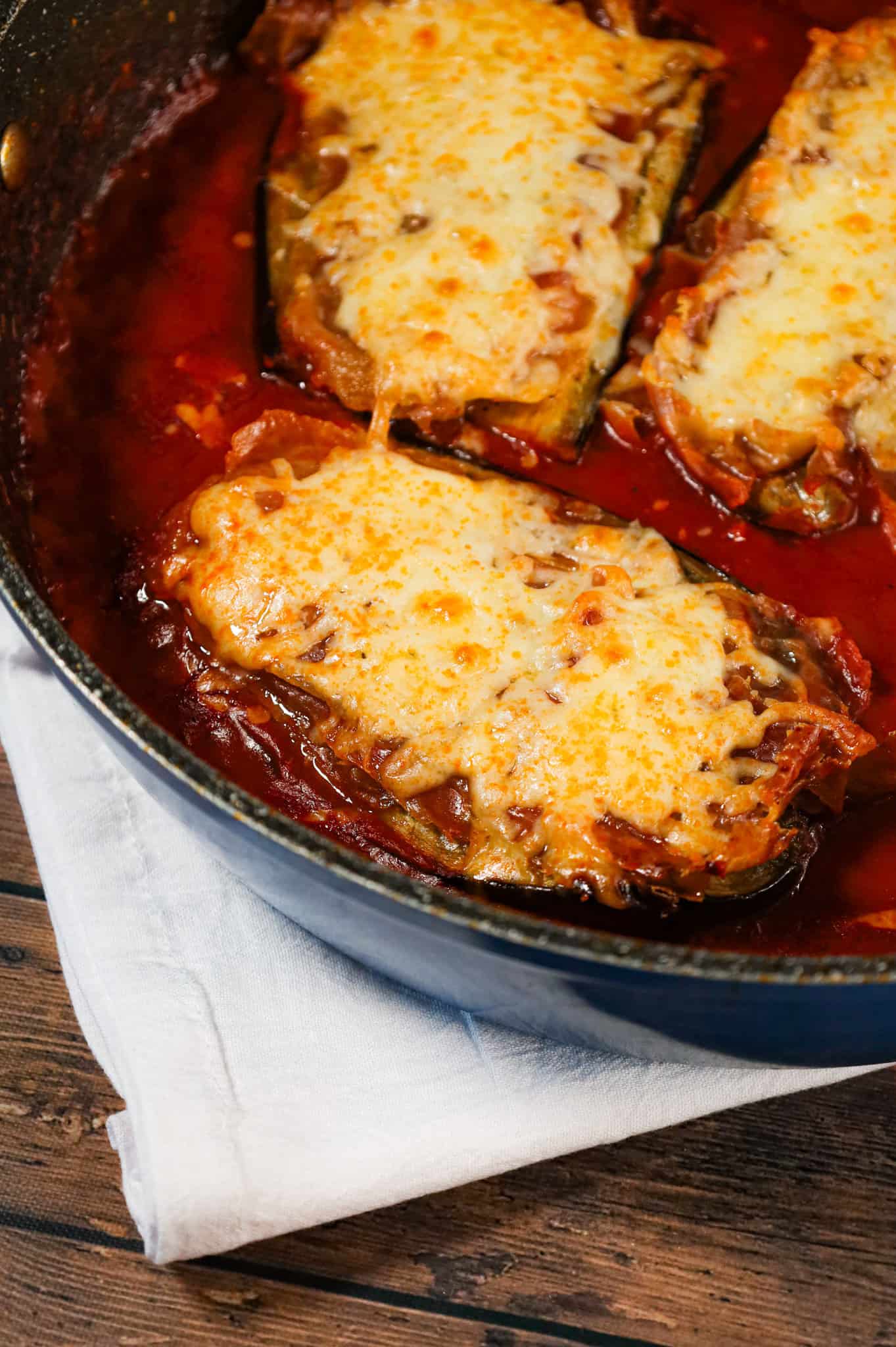 Chicken Sorrentino is a delicious chicken breast dish with roasted eggplant, prosciutto, a tomato marsala sauce and shredded cheese.