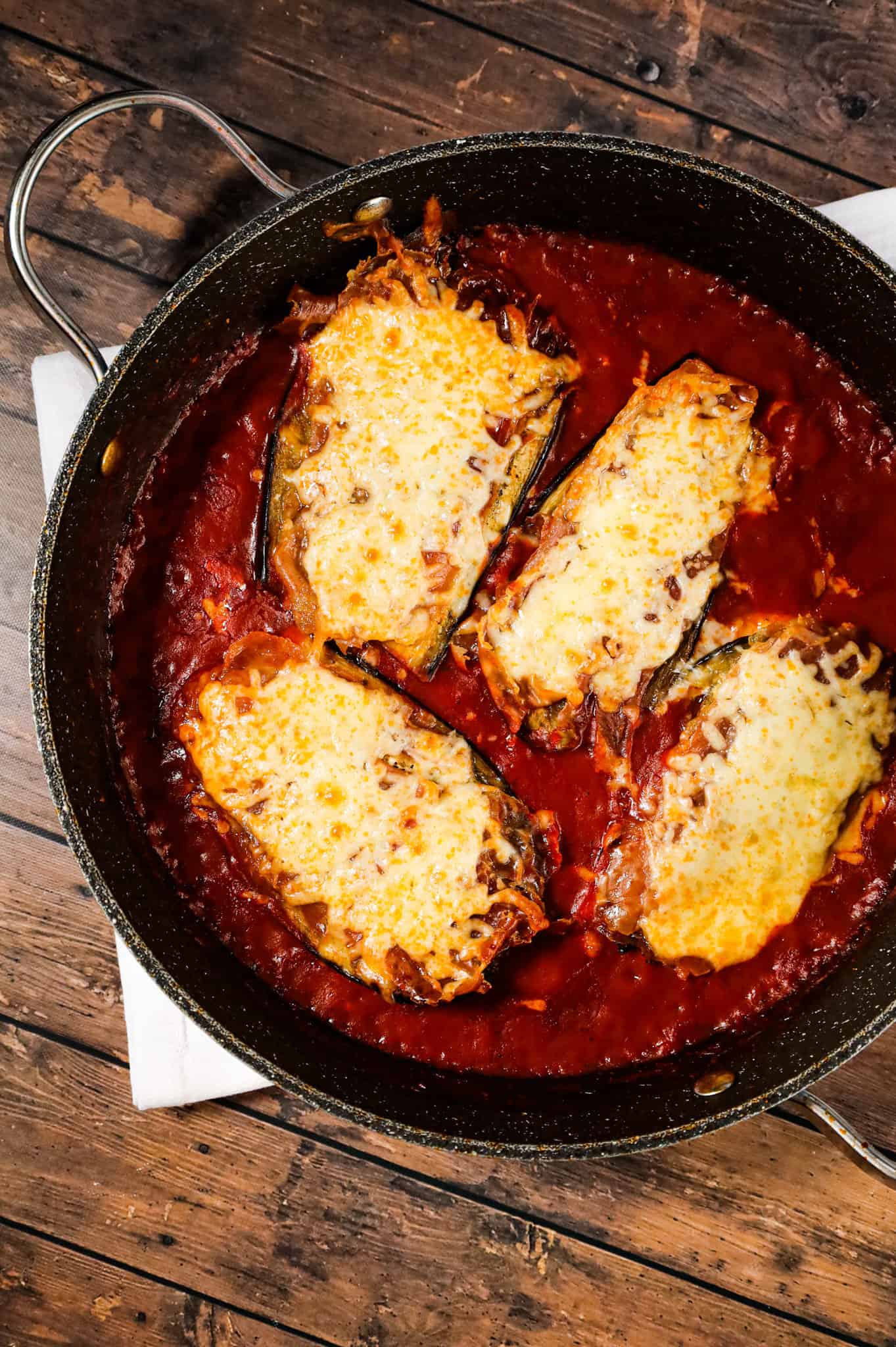 Chicken Sorrentino is a delicious chicken breast dish with roasted eggplant, prosciutto, a tomato marsala sauce and shredded cheese.