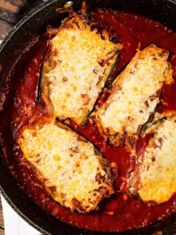 Chicken Sorrentino is a delicious chicken breast dish with roasted eggplant, prosciutto, a tomato marsala sauce and shredded cheese.