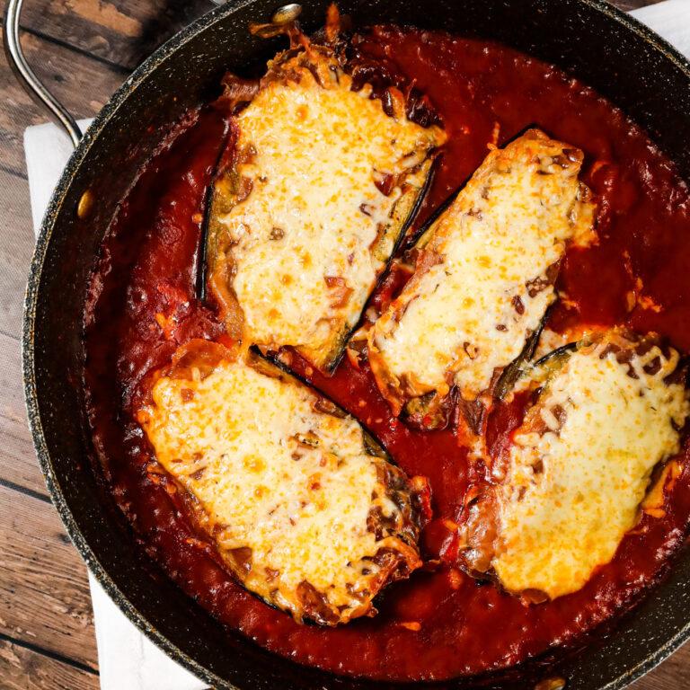 Chicken Sorrentino is a delicious chicken breast dish with roasted eggplant, prosciutto, a tomato marsala sauce and shredded cheese.