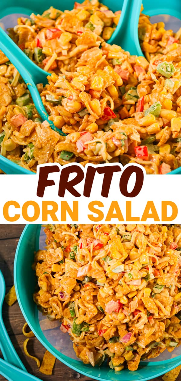 Frito Corn Salad is a delicious side dish recipe loaded with corn, diced bell peppers, onions, shredded cheese and corn chips all tossed in a creamy mixture of mayo, ranch dressing and taco seasoning.