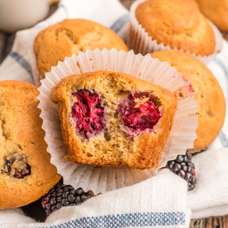 Blackberry Muffins are the perfect snack or breakfast food. These tasty muffins are seasoned with cinnamon and loaded with fresh blackberries.