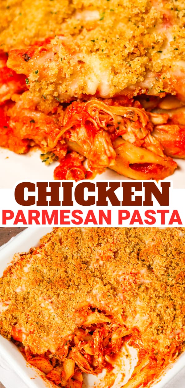 Chicken Parmesan Pasta is an easy baked pasta recipe loaded with shredded chicken, marinara sauce, mozzarella, parmesan cheese and topped with Italian seasoned bread crumbs.