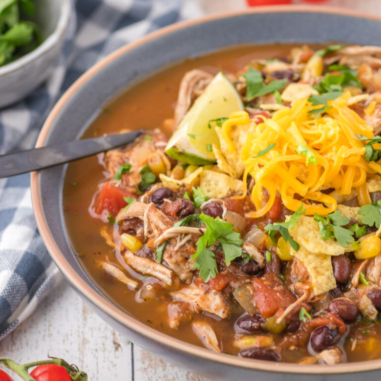 Chicken Taco Soup is a hearty soup recipe loaded with shredded chicken, black beans, corn, tomatoes and spices.