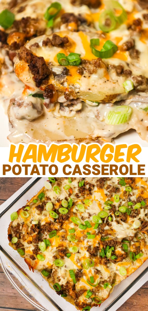 Hamburger Potato Casserole is a hearty dinner recipe with layers of sliced potatoes loaded with crumbled ground beef and shredded cheese all cooked in a cream of mushroom soup and sour cream mixture.