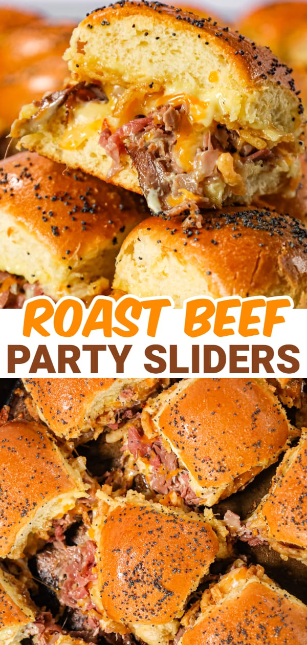 Roast Beef Sliders are an easy dinner or party snack made with dinner rolls and loaded with deli shaved roast beef, mayo, horseradish, mozzarella, cheddar and crispy fried onions.