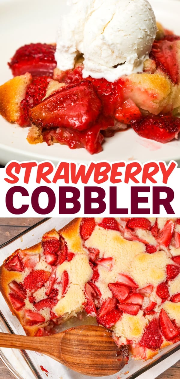 Strawberry Cobbler is an easy and delicious dessert recipe made with fresh strawberries baked in a delicious vanilla cake like batter.