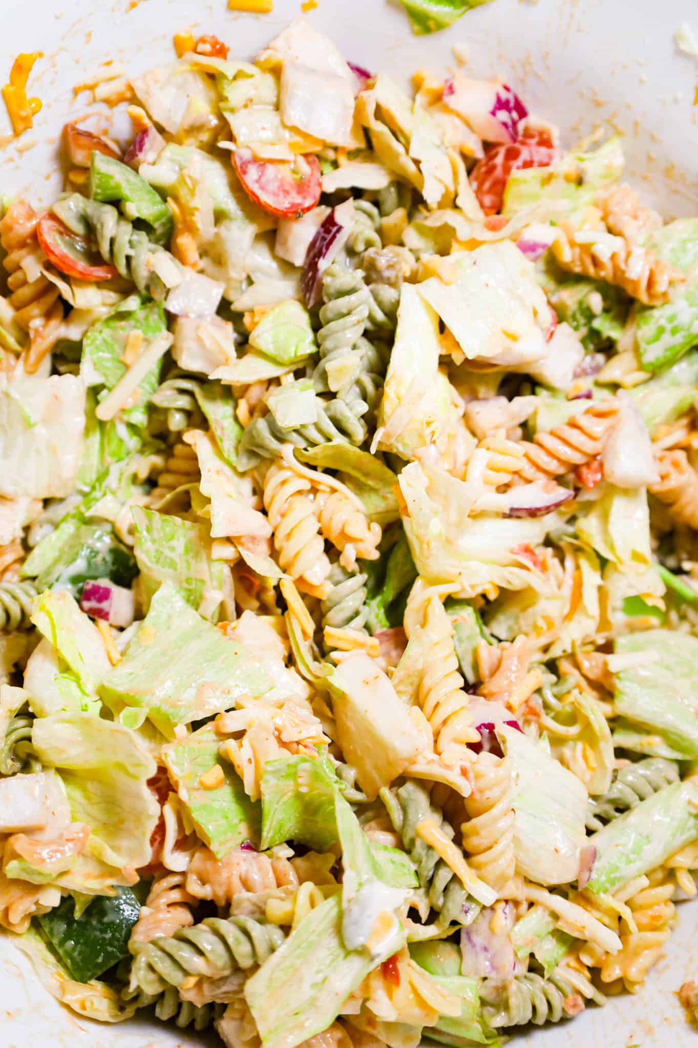 taco pasta salad mixture in a mixing bowl