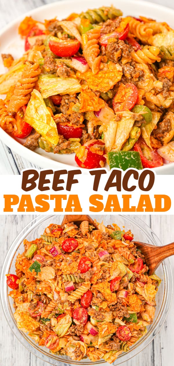 Taco Pasta Salad is the perfect party side dish loaded with tri-colour rotini pasta, taco seasoned ground beef, iceberg lettuce, onions, tomatoes, green peppers, shredded cheese, salsa, ranch dressing and crumbled Doritos nacho chips.