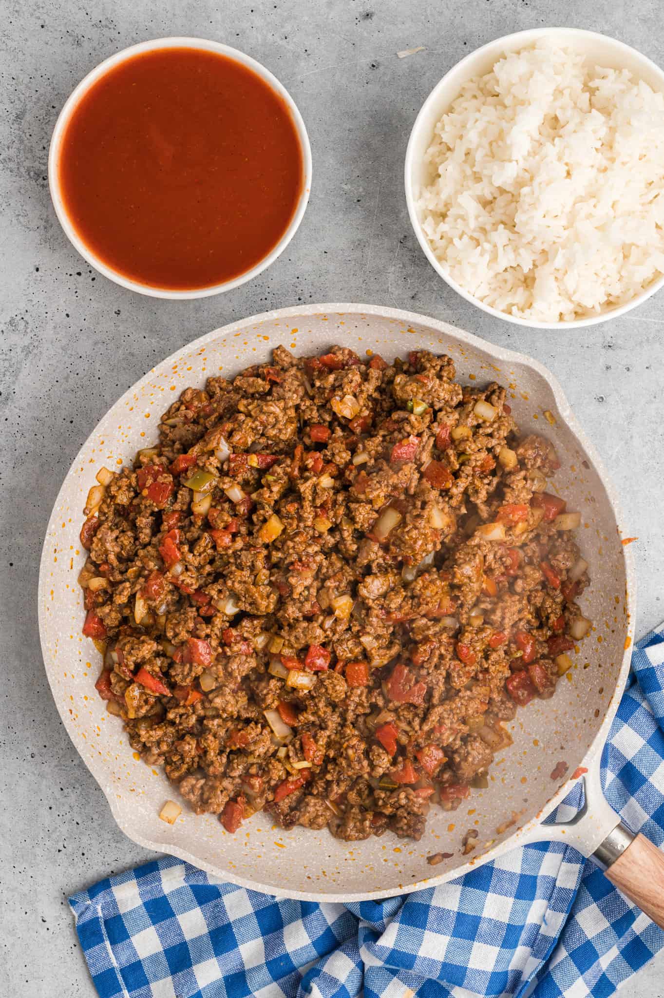 cooked ground beef and rotel mixture in a skillet