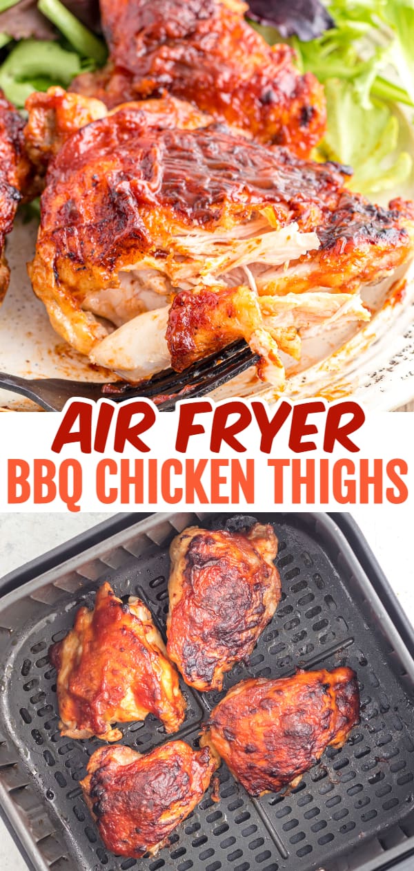 Air Fryer BBQ Chicken Thighs are juicy seasoned chicken thighs brushed with your favourite BBQ sauce that can be ready in under half an hour.