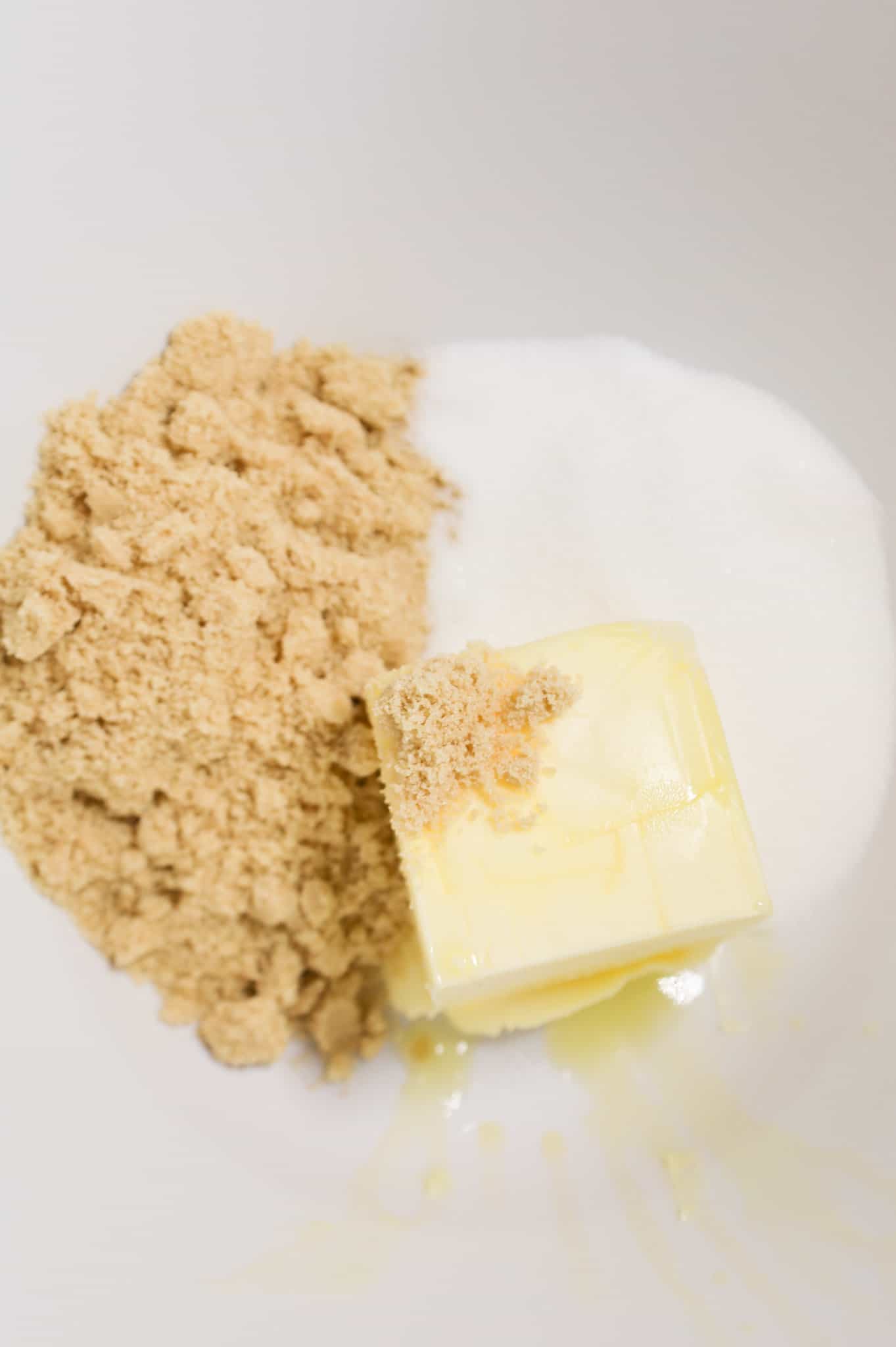 brown sugar, granulated sugar and softened butter in a mixing bowl