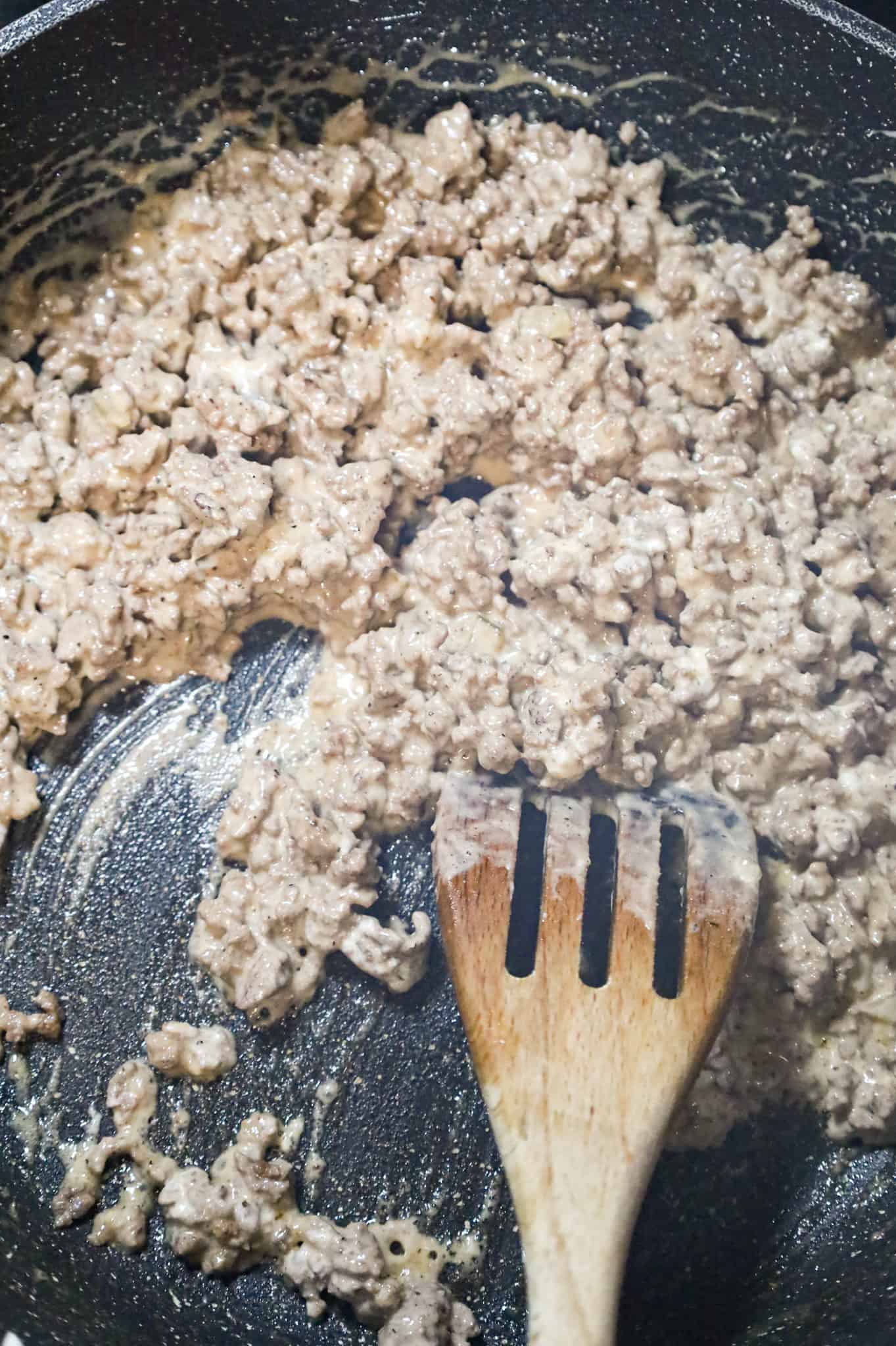 ground beef, mayo and Thousand Island dressing combined in a skillet