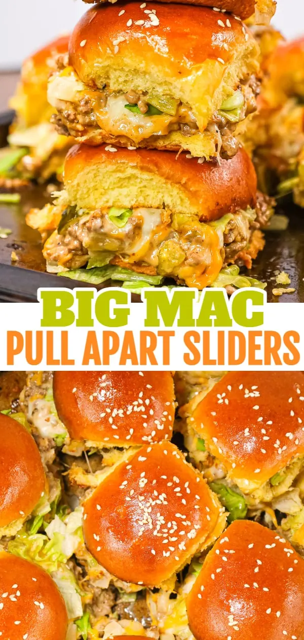 Big Mac Sliders are an easy weeknight dinner recipe made with ground beef, onion, pickles, mayo, Thousand Island dressing, cheddar cheese and shredded lettuce all piled on to dinner rolls topped with sesame seeds.