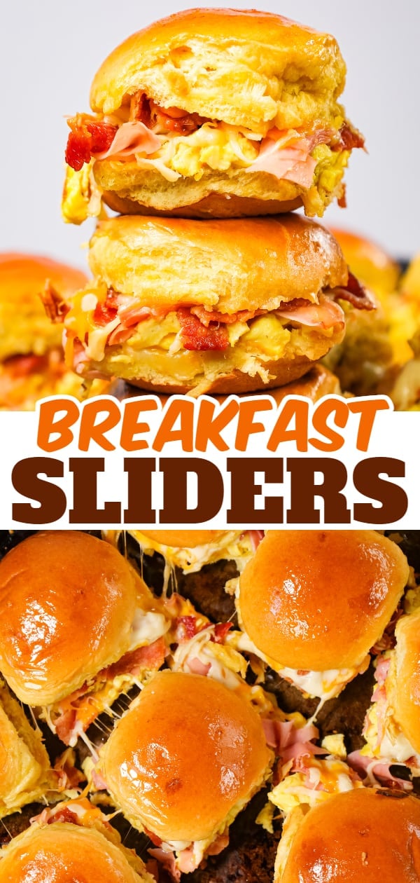 Breakfast Sliders are small pull apart breakfast sandwiches loaded with scrambled eggs, ham, bacon and cheese.