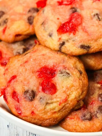 Cherry Chocolate Chip Cookies are delicious chewy chocolate chip cookies loaded with chopped maraschino cherries.