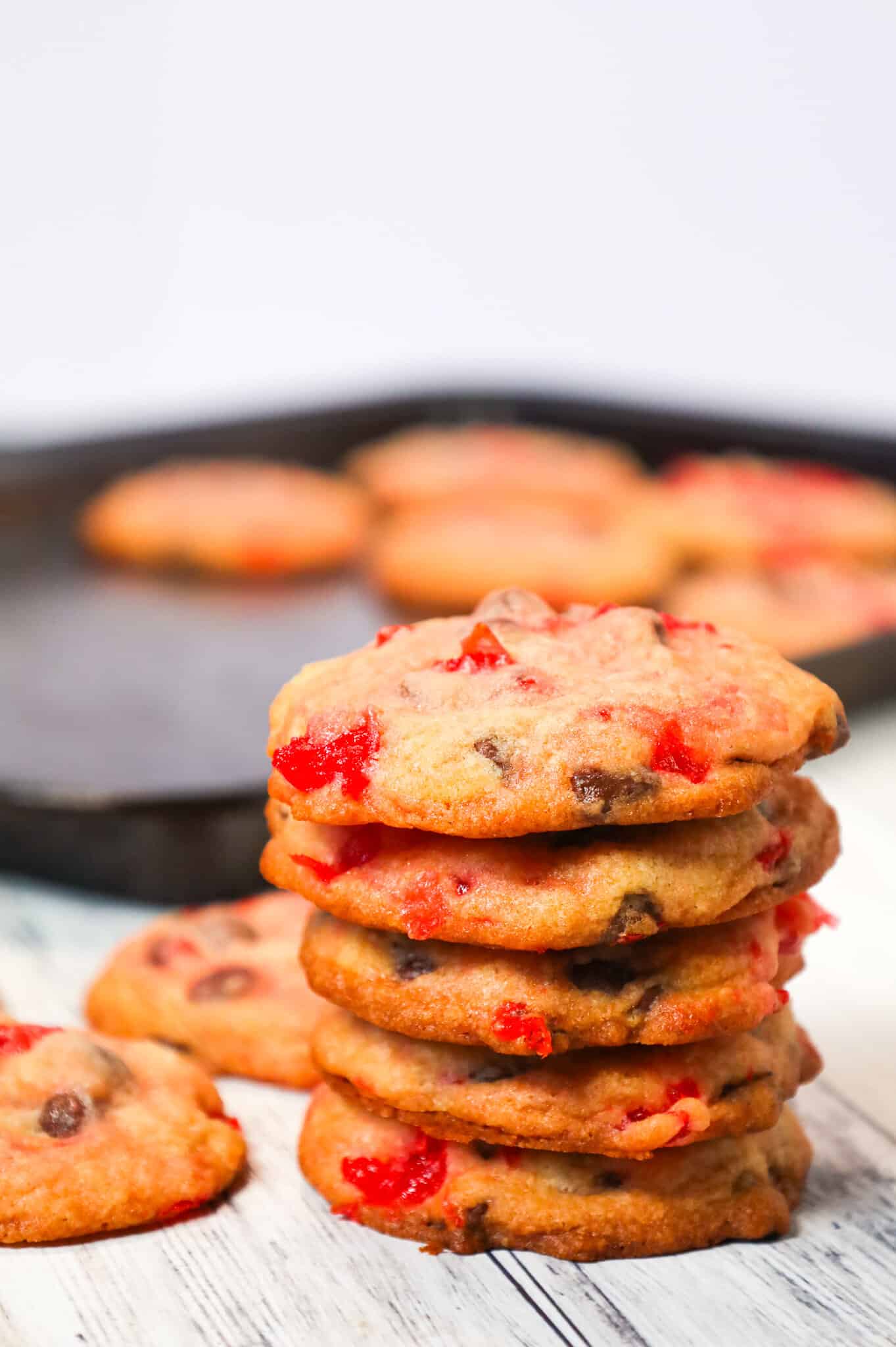 Cherry Chocolate Chip Cookies are delicious chewy chocolate chip cookies loaded with chopped maraschino cherries.