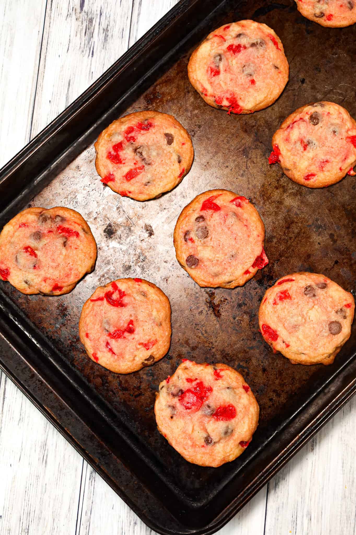 Cherry Chocolate Chip Cookies are delicious chewy chocolate chip cookies loaded with chopped maraschino cherries.