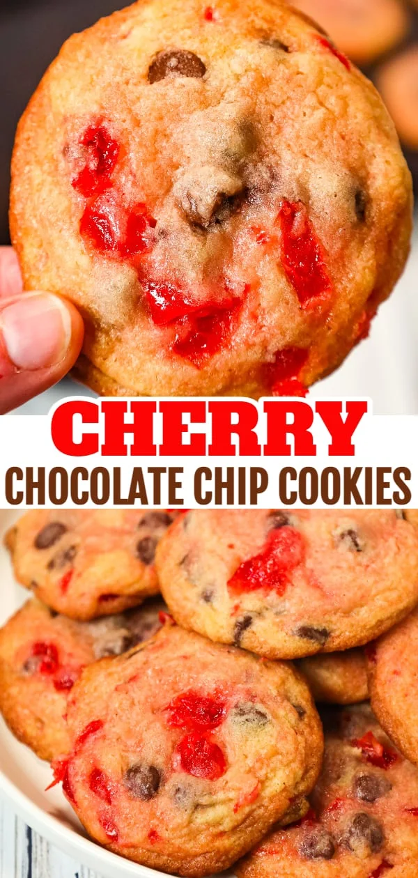 Cherry Chocolate Chip Cookies are delicious chewy chocolate chip cookies loaded with chopped maraschino cherries.