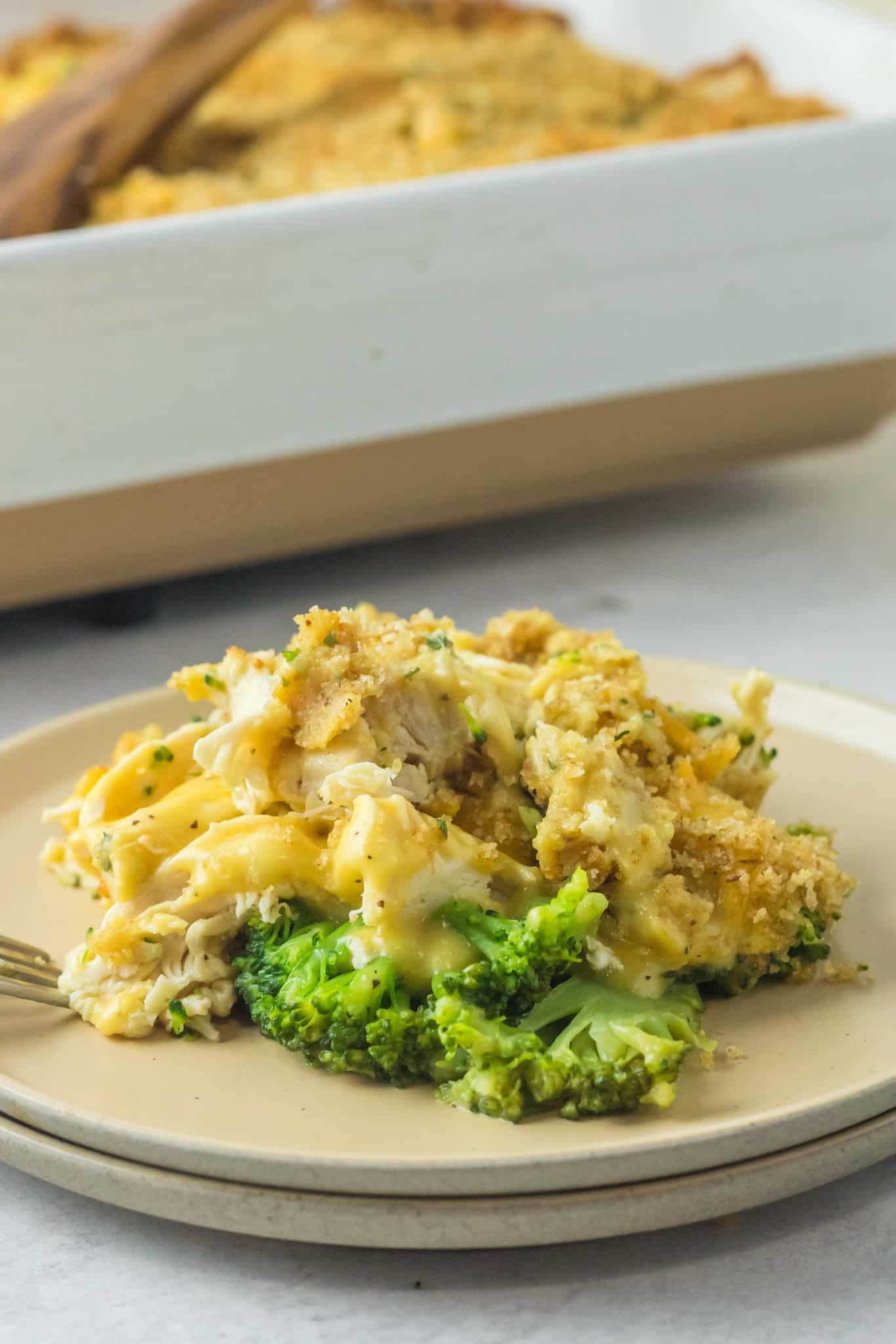 Chicken Divan is a creamy, cheesy chicken and broccoli casserole with a breadcrumb topping.