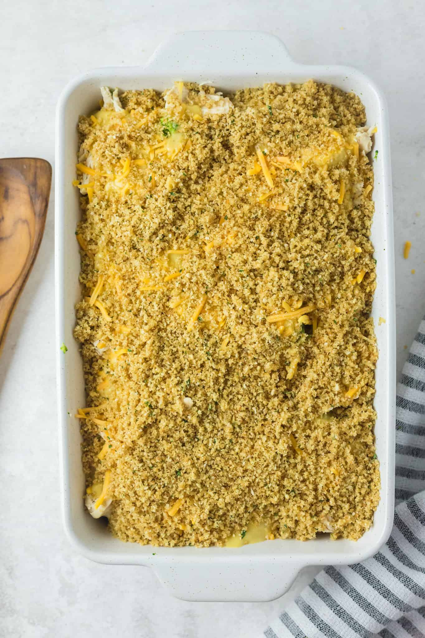 bread crumb mixture sprinkled on top of chicken and broccoli casserole