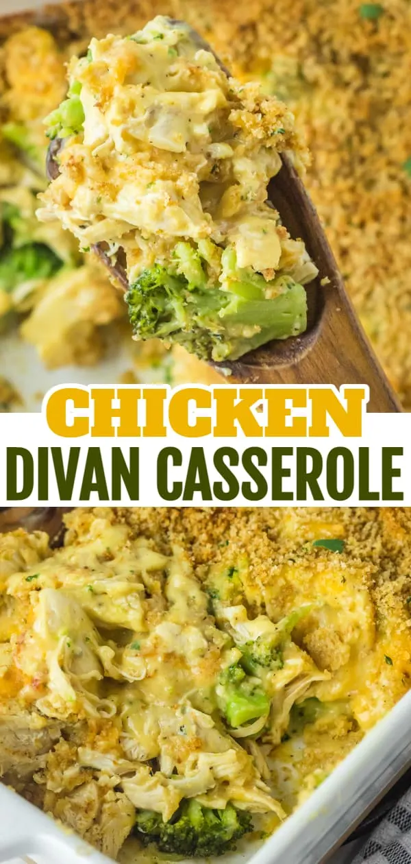 Chicken Divan is a creamy, cheesy chicken and broccoli casserole with a breadcrumb topping.