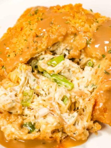 Chicken Pillows are an easy dinner recipe using rotisserie chicken mixed with cream cheese, mayo, Italian seasoning, shredded cheese and green onions all baked inside Pillsbury crescent dough topped with buttery Ritz crumbs.