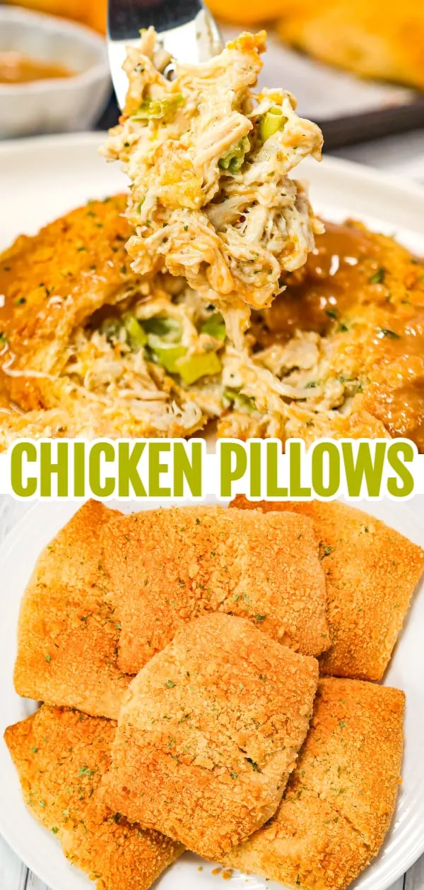 Chicken Pillows are an easy dinner recipe using rotisserie chicken mixed with cream cheese, mayo, Italian seasoning, shredded cheese and green onions all baked inside Pillsbury crescent dough topped with buttery Ritz crumbs.