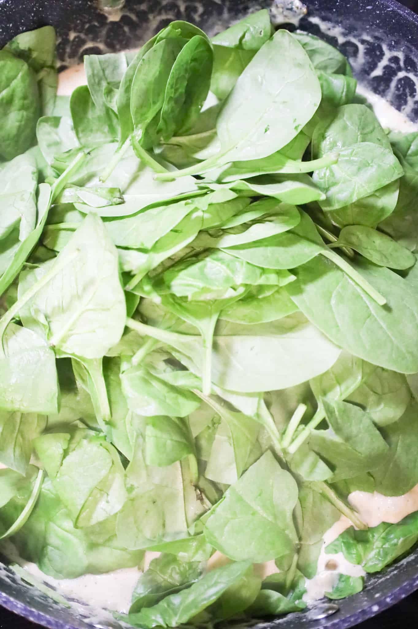 baby spinach on top of alfredo sauce in a skillet