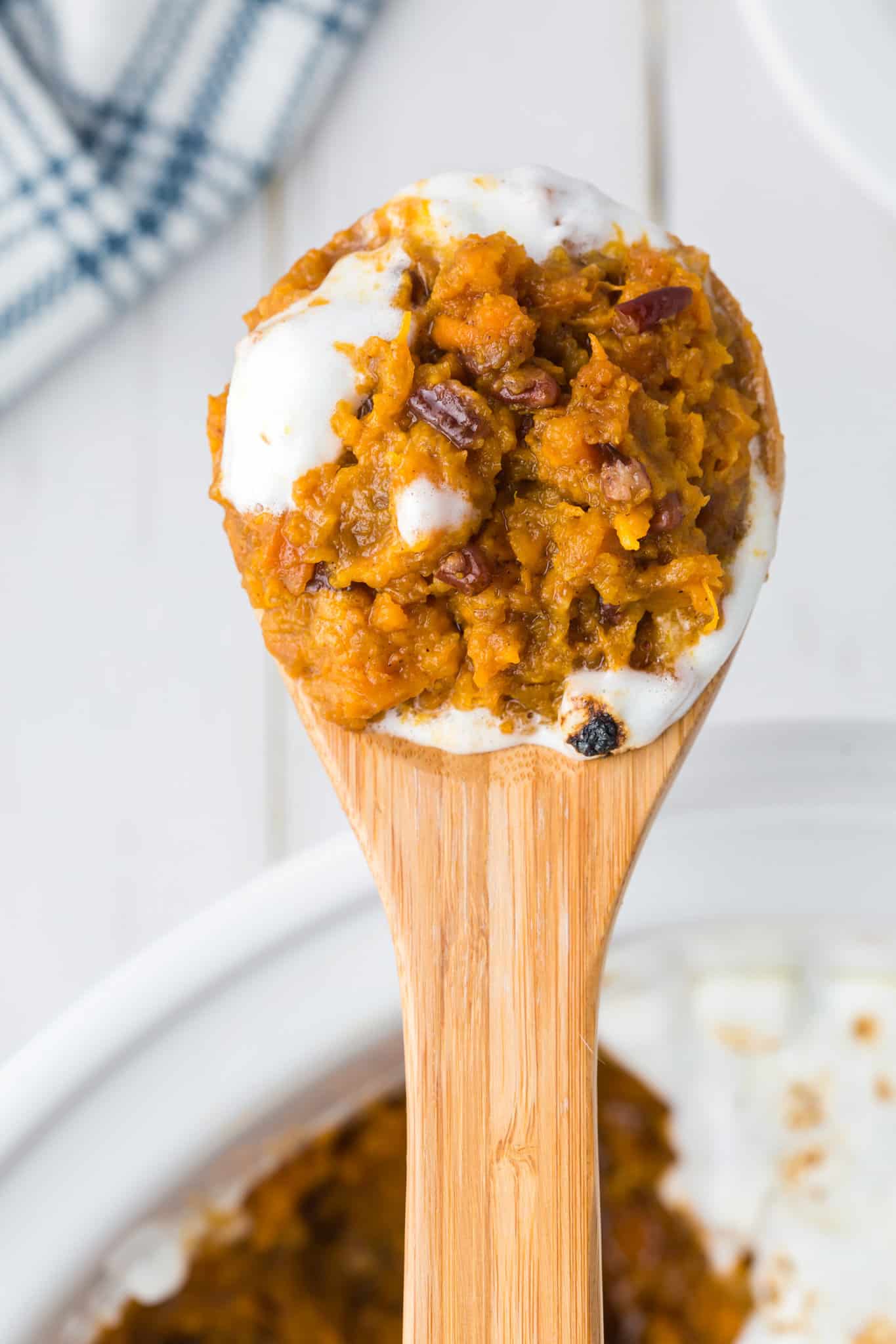 Crock Pot Sweet Potato Casserole is a delicious slow cooker holiday side dish recipe loaded brown sugar, chopped pecans and mini marshmallows.