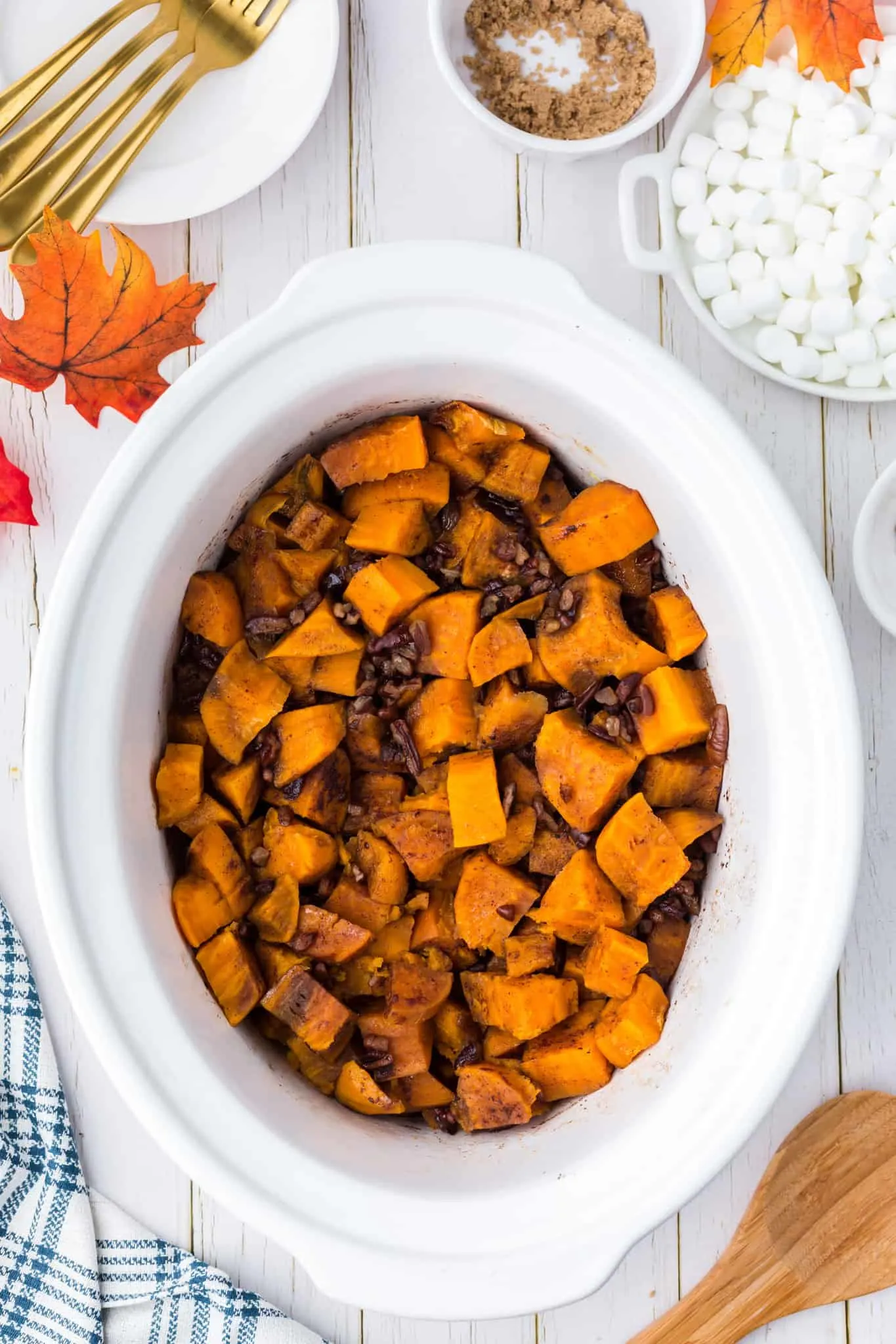cubed sweet potatoes after cooking in a slow cooker
