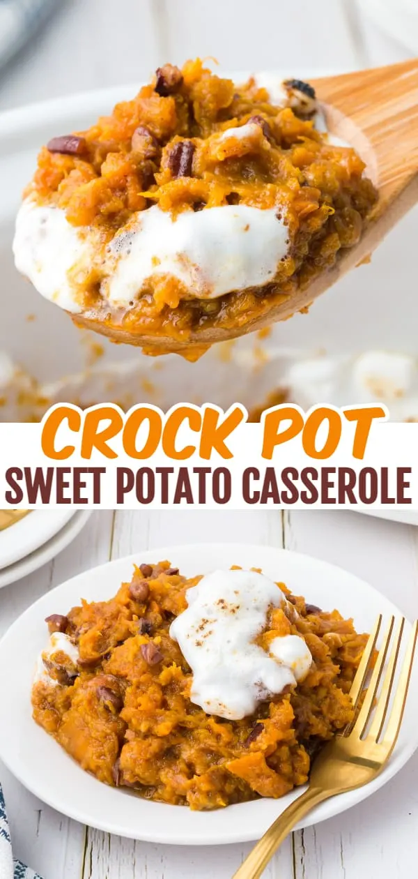 Crock Pot Sweet Potato Casserole is a delicious slow cooker holiday side dish recipe loaded brown sugar, chopped pecans and mini marshmallows.
