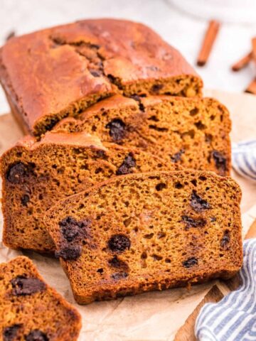 Pumpkin Chocolate Chip Bread is a delicious fall treat made with pumpkin puree and loaded with chocolate chips.