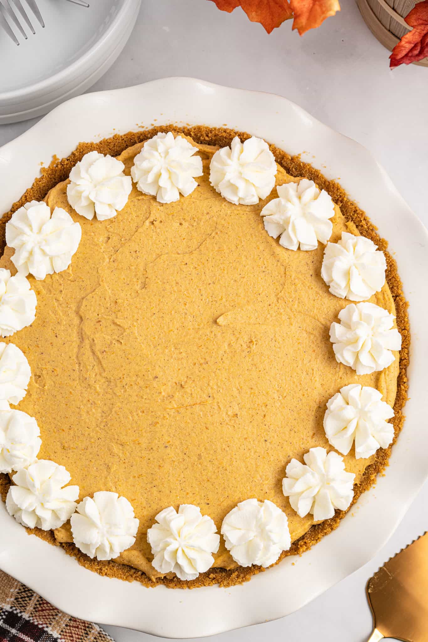 No Bake Pumpkin Pie is an easy fall dessert recipe with a ginger snap cookie crust and a creamy filling made with instant vanilla pudding mix, whipping cream and pumpkin puree.