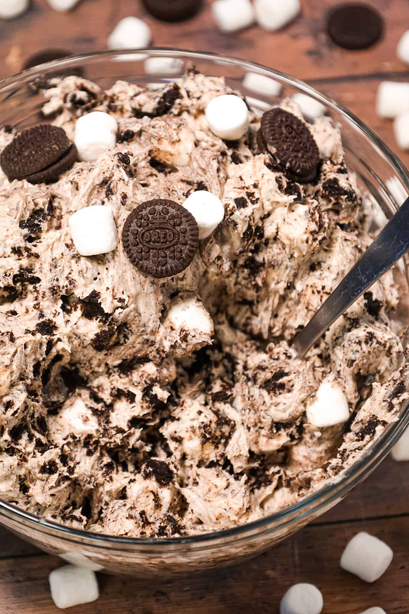 Oreo Fluff is an easy no bake dessert recipe made with cream cheese, instant vanilla pudding and Cool Whip and loaded with mini marshmallows and crumbled Oreo Cookies!