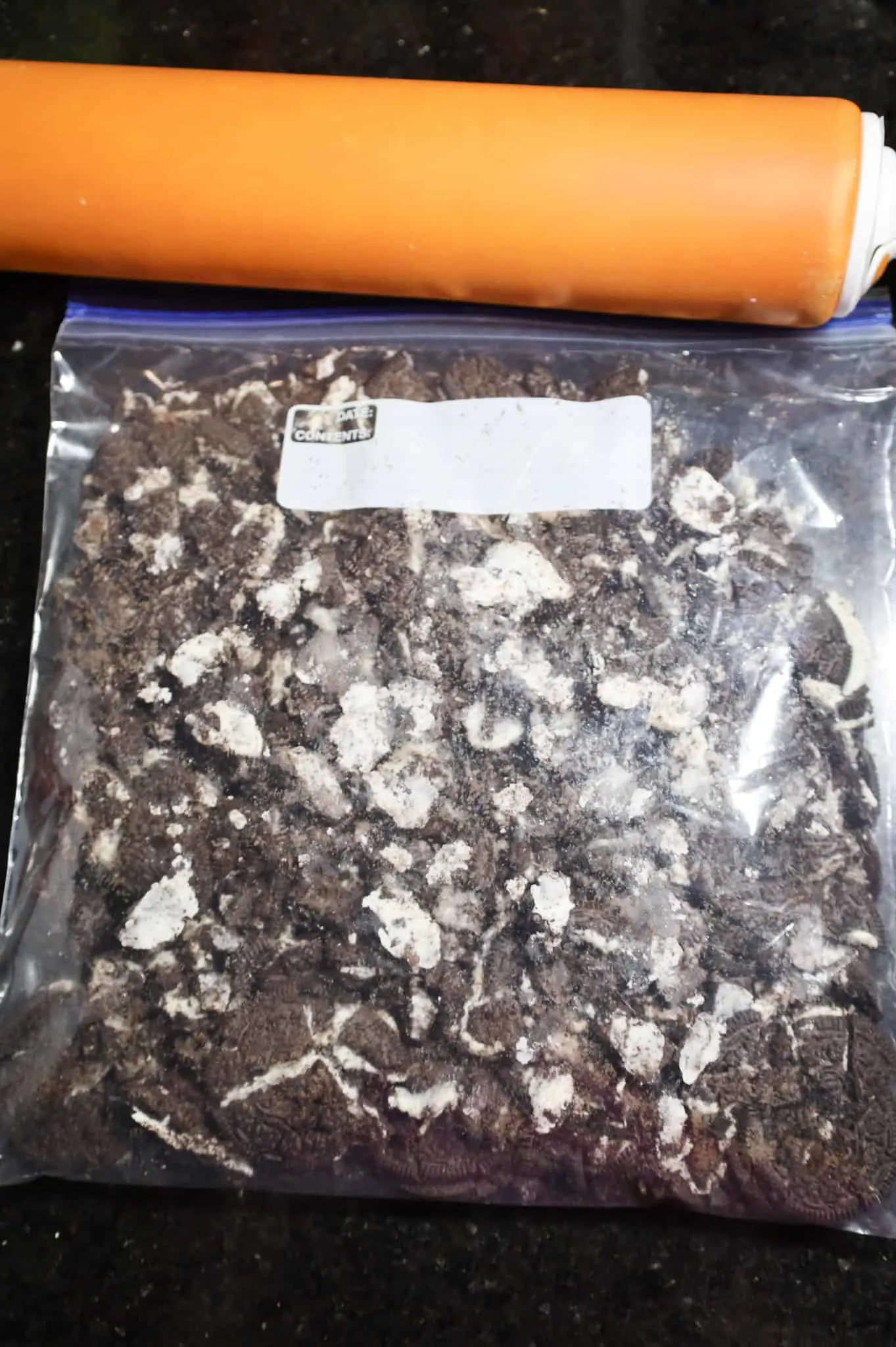 crumbled Oreo cookies in a large Ziploc bag