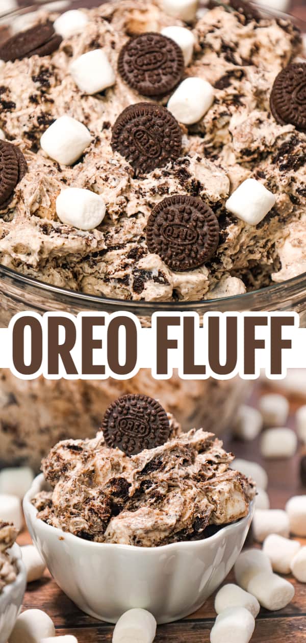 Oreo Fluff is an easy no bake dessert recipe made with cream cheese, instant vanilla pudding and Cool Whip and loaded with mini marshmallows and crumbled Oreo Cookies!