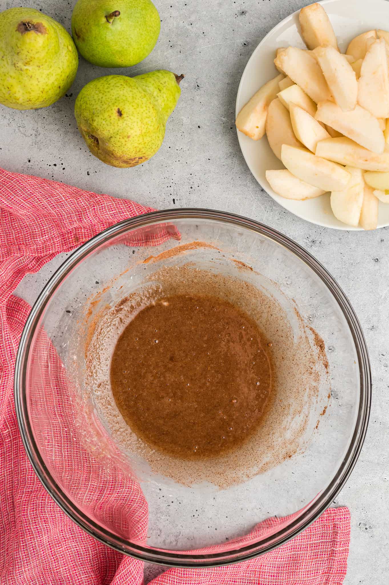 sugar, lemon juice, apple pie spice and cornstarch whisked together in a mixing bowl