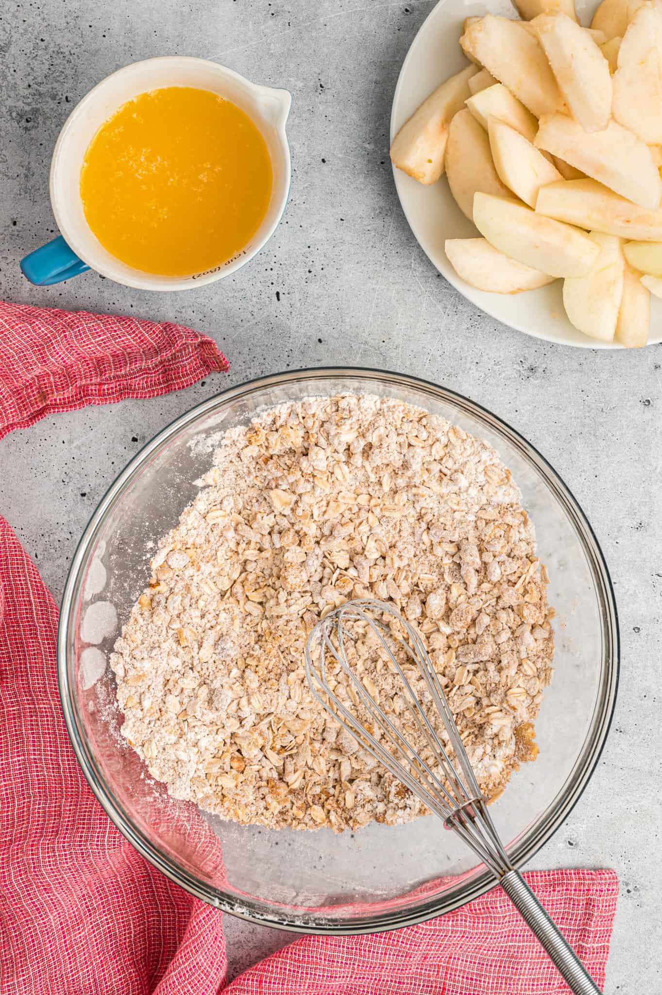 flour, oat and brown sugar mixture in a mixing bowl