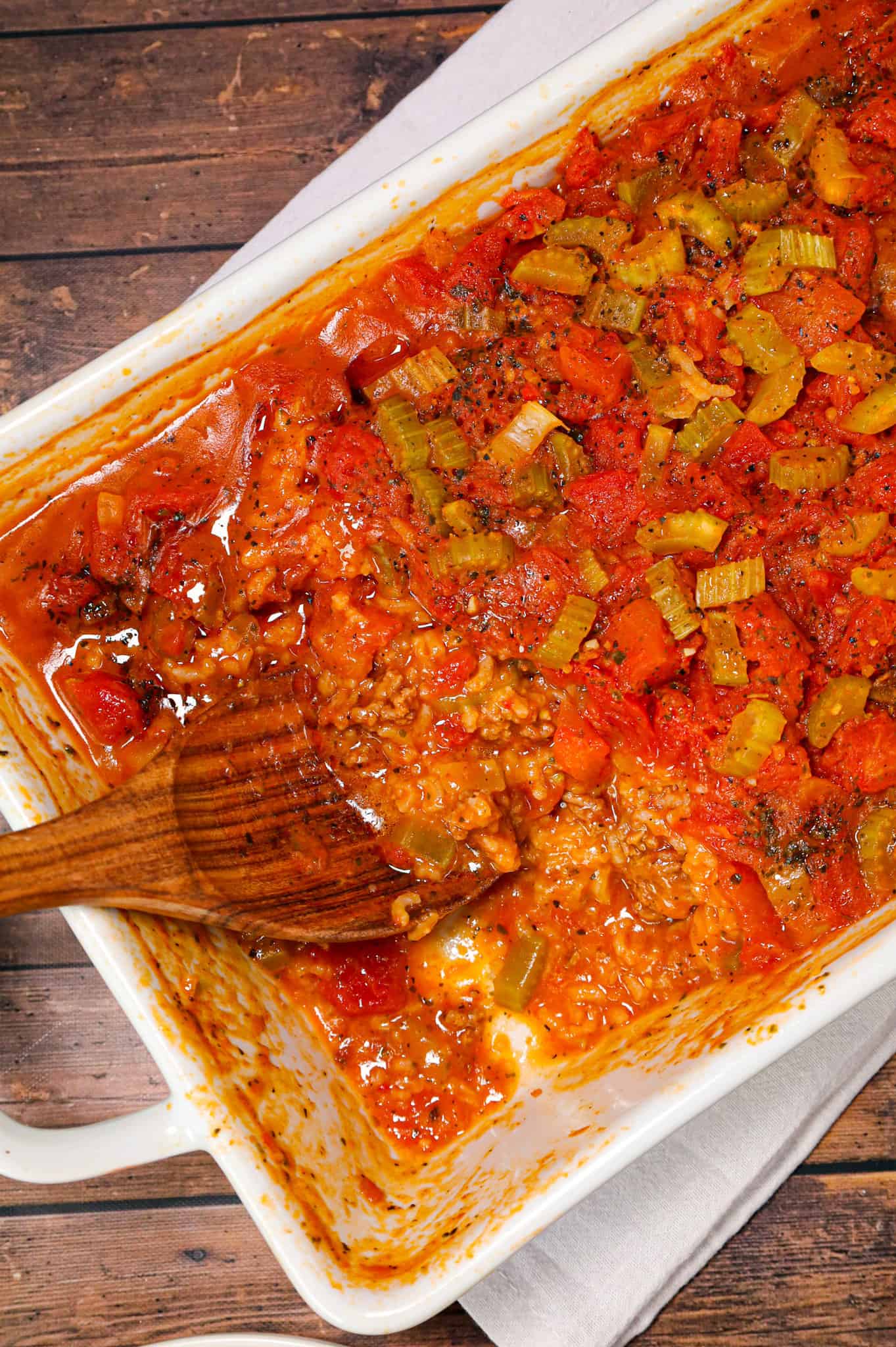 Shipwreck Casserole is a hearty ground beef casserole loaded with sliced potatoes, long grain rice, diced tomatoes, celery and tomato soup.