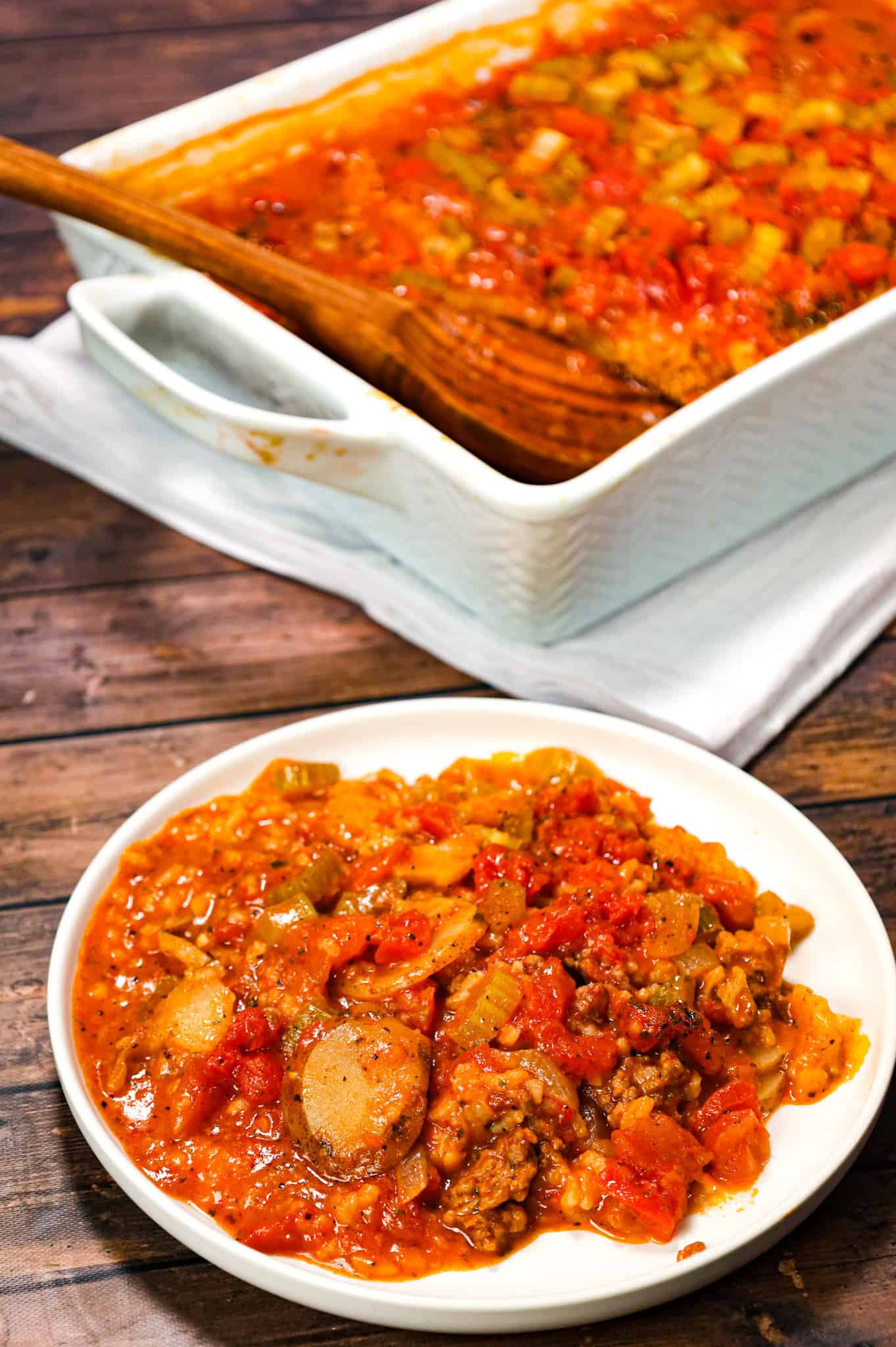 Shipwreck Casserole is a hearty ground beef casserole loaded with sliced potatoes, long grain rice, diced tomatoes, celery and tomato soup.