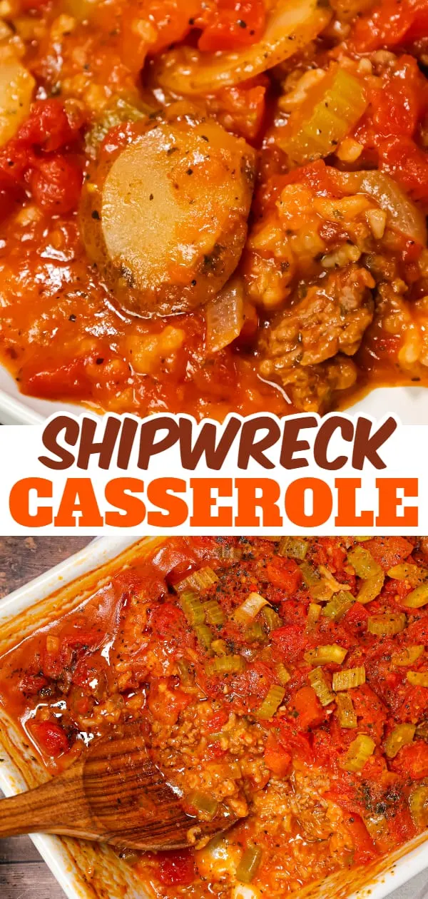 Shipwreck Casserole is a hearty ground beef casserole loaded with sliced potatoes, long grain rice, diced tomatoes, celery and tomato soup.