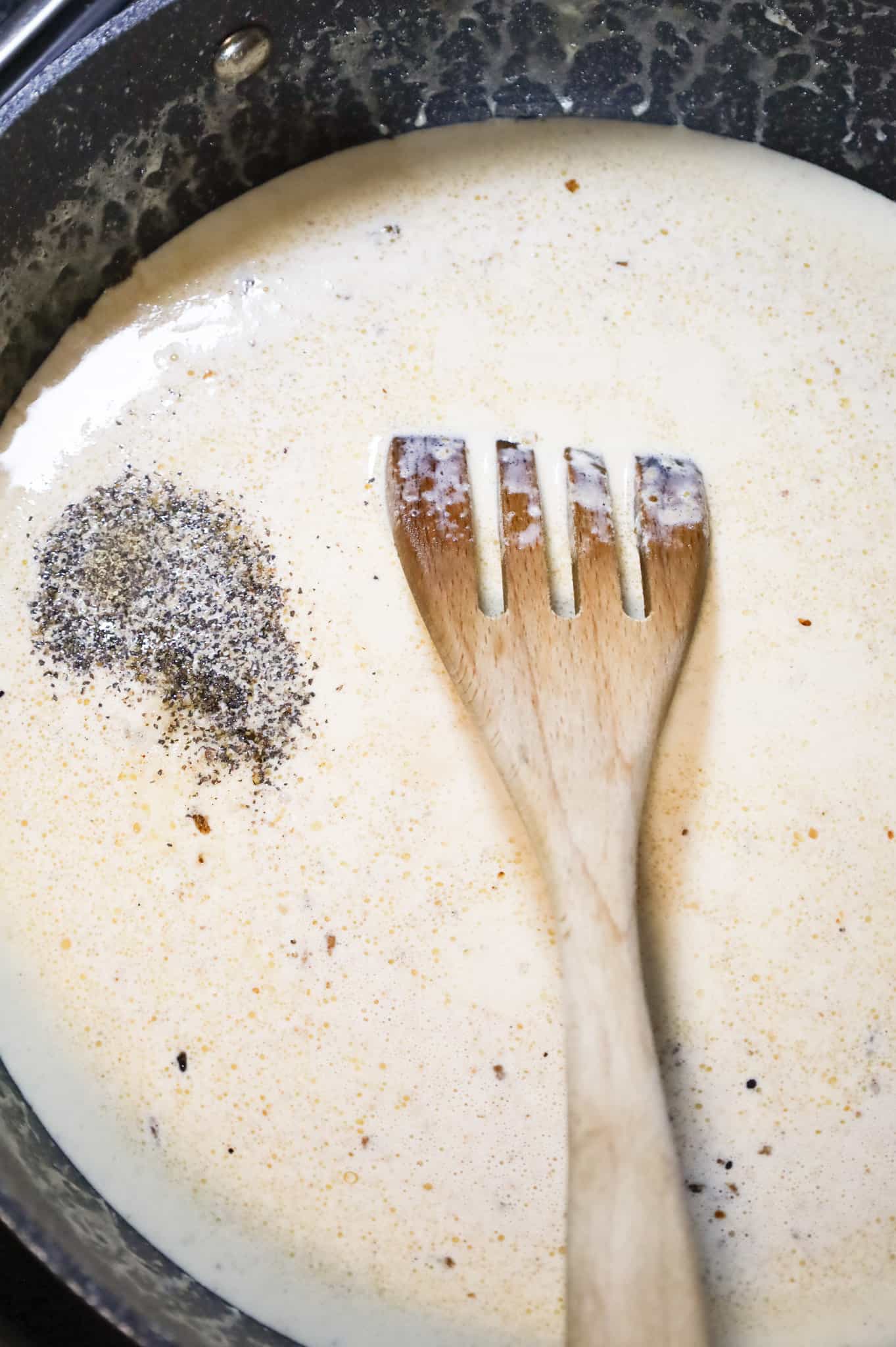 salt and pepper added to skillet with heavy cream