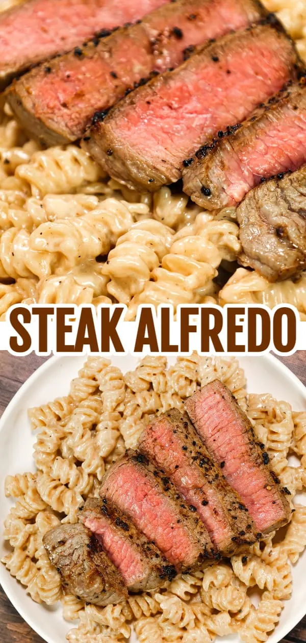 Steak Alfredo is an easy dinner recipe with creamy garlic parmesan pasta topped with tender slices of eye of round steak.