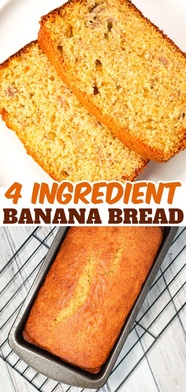 4 Ingredient Banana Bread is an easy banana bread recipe using butter, ripe bananas, eggs and boxed yellow cake mix.