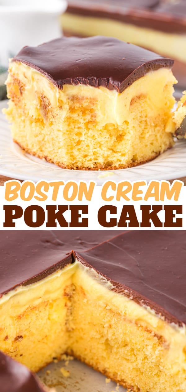 Boston Cream Poke Cake is a moist and delicious dessert recipe made with boxed yellow cake mix covered in creamy vanilla pudding and topped with chocolate ganache.