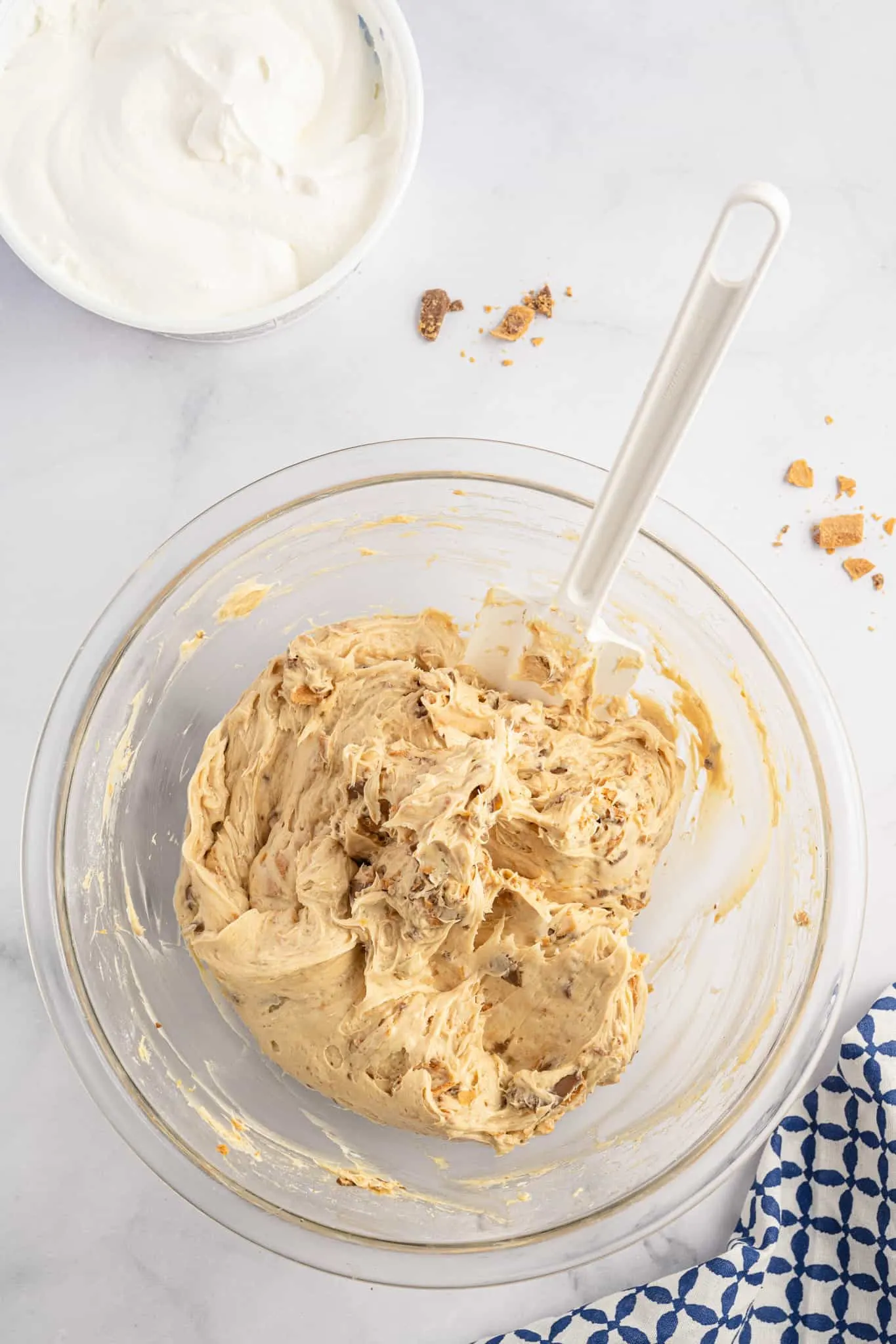 peanut butter cream cheese mixture in a mixing bowl