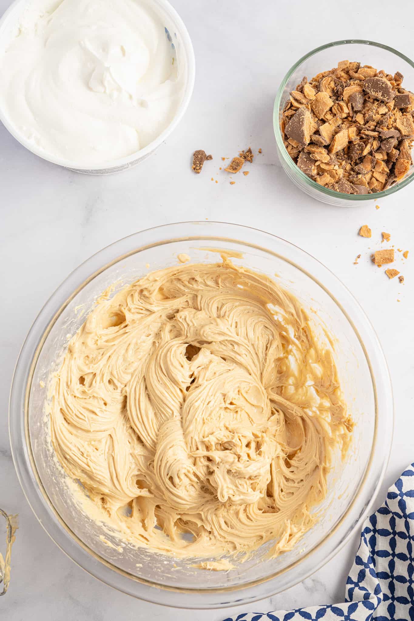 cream cheese and peanut butter mixture in a mixing bowl.