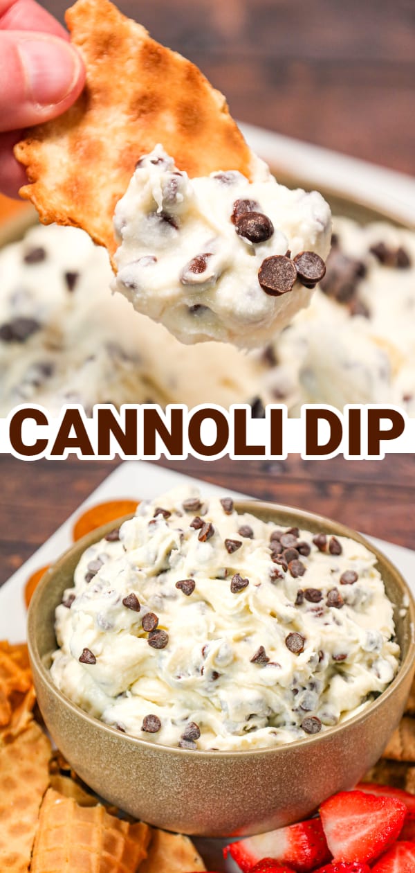 Cannoli Dip is an easy no bake dessert recipe made with ricotta cheese, cream cheese, confectioner's sugar and loaded with mini semi sweet chocolate chips.